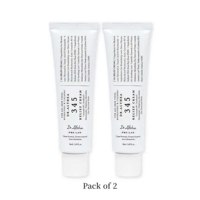 Dr.Althea 345 Relief Cream | PDRN & Hyaluronic Acid for Hydration, Blemish Care | Post-Acne Face Moisturizer with Centella & Niacinamide | Korean Vegan Skincare, 1.69 Fl Oz (Ver.2 - Pack of 2)